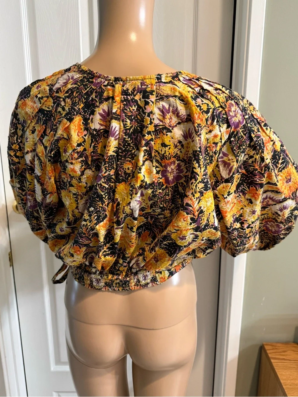 Free People Party Playlist Wrap Cropped Blouse Top Floral Size S Puff Sleeves